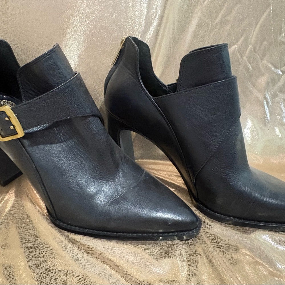 Vince Camuto Black Leather Pointed Ankle Heeled Booties with Gold Buckle